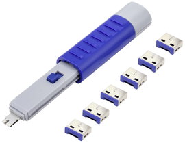 USB port zár, 6 részes készlet 1 kulccsal, ezüst/kék, Renkforce RF-4714586