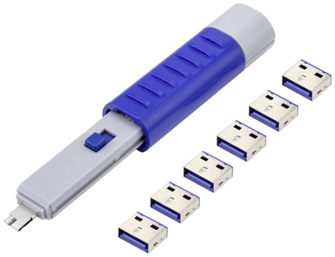 USB port zár, 6 részes készlet 1 kulccsal, ezüst/kék, Renkforce RF-4714586 2. kép