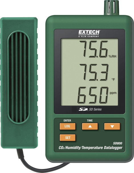 Levegőminőség mérő adatgyűjtő, hőmérséklet, páratartalom és szén-dioxid mérő, Extech SD 800