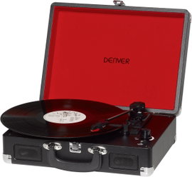 Retro koffer lemezjátszó, USB-s bakelit lemezjátszó beépített digitalizálóval, fekete színű Denver V
