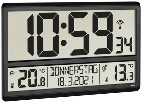 TFA Dostmann 60.4521.01 Rádiójel vezérlésű Falióra 360 mm x 28 mm x 235 mm Fekete Nagy kijelző 2. kép