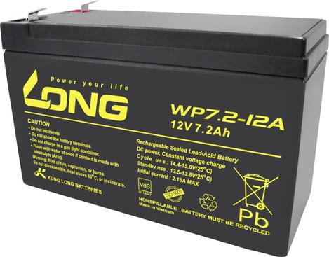 AGM ólom-zselés akku 12 V 7,2 Ah 151 x 102 x 65 mm, Long WP7.2-12A/F2