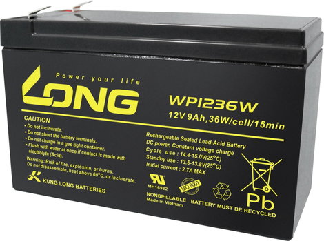 Long WP1236W Ólomakku 12 V 9 Ah Ólom-vlies (AGM) (Sz x Ma x Mé) 151 x 102 x 65 mm 6,35 mm-es laposér