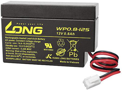 Long WP0.8-12S Ólomakku 12 V 0.8 Ah Ólom-vlies (AGM) (Sz x Ma x Mé) 96 x 62 x 25 mm JST dugó Kis önk