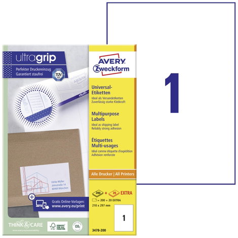 Avery-Zweckform 3478-200 Univerzális etikett 210 x 297 mm Papír Fehér 200 db Véglegesen tapadó Színe