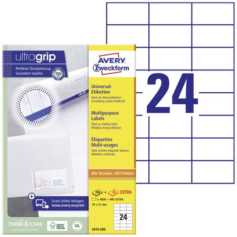 Avery-Zweckform 3475-200 Univerzális etikett 70 x 36 mm Papír Fehér 5280 db Véglegesen tapadó Tintas