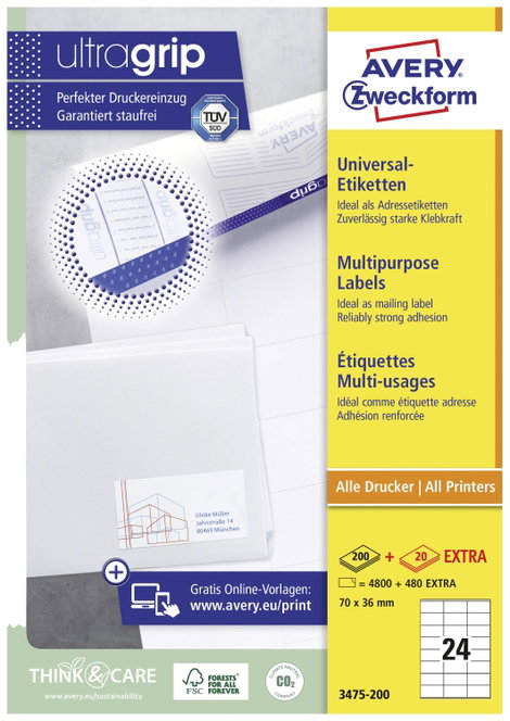 Avery-Zweckform 3475-200 Univerzális etikett 70 x 36 mm Papír Fehér 5280 db Véglegesen tapadó Tintas 3. kép