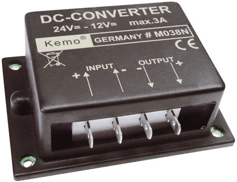 Feszültségváltó modul 24 V/DC-ről 12 V/DC-re, bemenet: 24 - 26 V, kimenet: 12 V, 3 A, KEMO M038N
