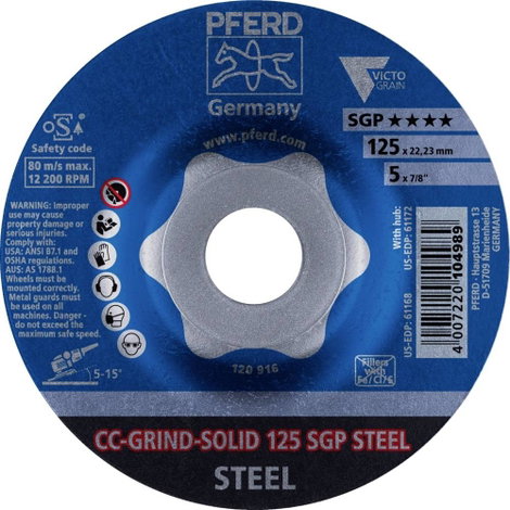 PFERD 64187126 CC-GRIND-SOLID 125 SGP STEEL Csiszolókorong Ø 125 mm Furat átmérő 22.23 mm 10 db 2. kép