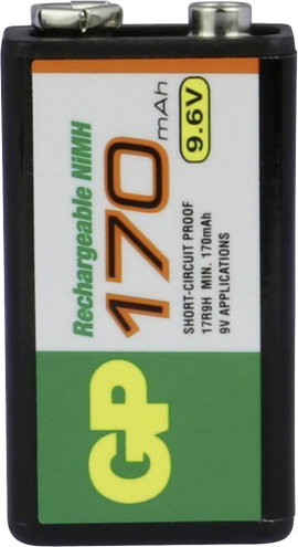 9V akku NiMH 9,6 V 170 mAh, GP 6LR61, HR6F22, HR9V, HR22, 6LR21, 6AM6, 6LP3146, MN1604, E Block