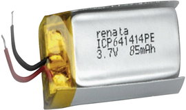 Renata lítium-polimer akku 3,7 V, 85 mAh, 14,9 x 16,8 x 6,8 mm, ICP641414PE