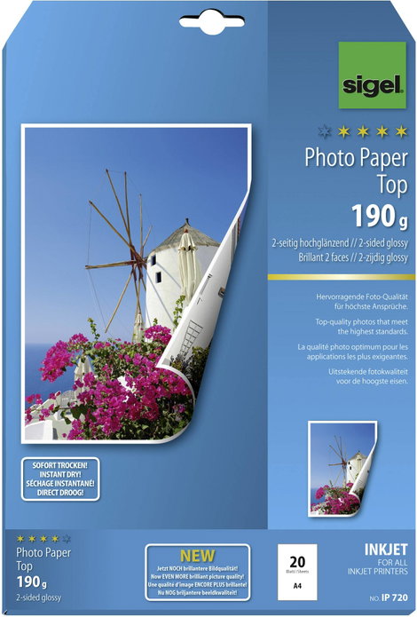 Sigel Photo Paper Top IP720 Fénykép papír DIN A4 190 g/m² 20 lap Magasfényű, Mindkét oldala nyomtath