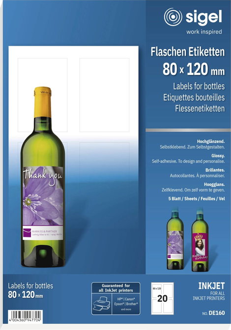 Sigel DE160 Üveg címkék 80 x 120 mm Papír Fehér 20 db Véglegesen tapadó Tintasugaras nyomtató